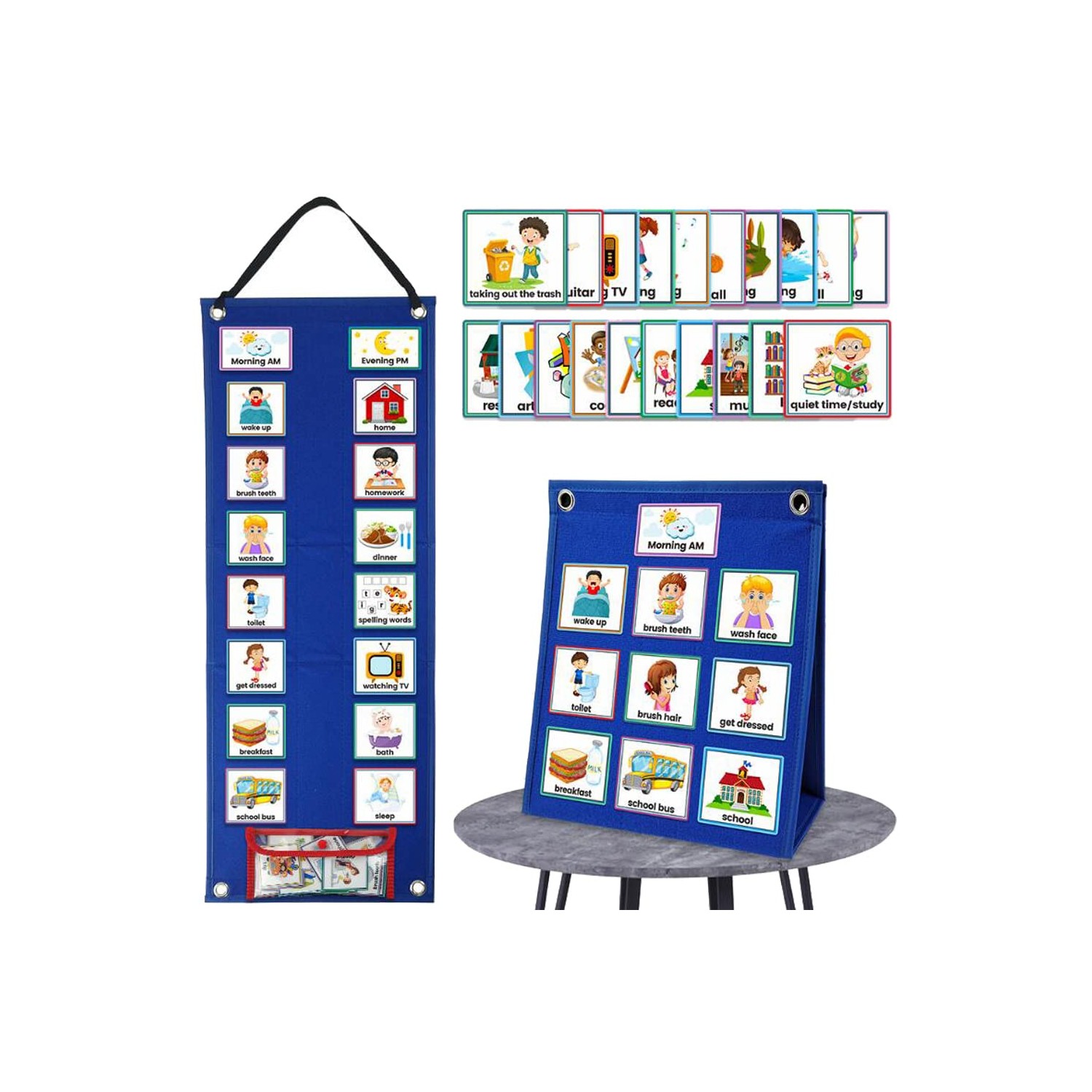 Kids Visual Schedule Calendar Chart 2 in 1 Autism Daily Routine with 70 ...