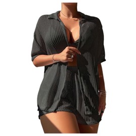 GORGLITTER Women's 2 Piece Beach Cover Up Set Half Sleeve Open Front Kimono Mini Shorts Set Swimwear Coverups Black Small