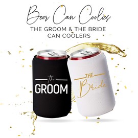 Bride and Groom Can Coolers - 1 White and 1 Black Beer Coolie, Perfect Wedding, Engagement, or Bridal Shower Gift