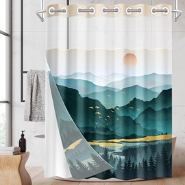 Nesphy No Hook Mountain Shower Curtain with Snap in Fabric Liner Set, Nature Forest Sunset Teal Double Layers Waterproof Fabric with See Through Top Window Open Grommet Bath Curtain 71x74 Inch