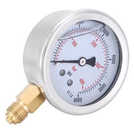 400bar 1/4BSP Y60 Radial Pressure Gauge, Stainless Steel + Brass, Transparent Dial Cover 0-400bar, 0-6000psi, Installation Diameter 1/4