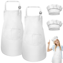 TANGHSE Kids Apron and Chef Hat Set - 2 Adjustable White Aprons with 2 Pockets and 2 Hats, Boys Girls Chef Outfit for Cooking Crafting Painting Baking (4-12year)