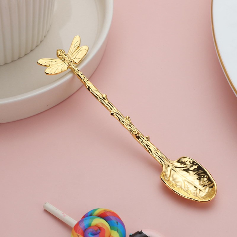 Fokmuaex 3-Piece Retro Forest Style Gold Parfait and Coffee Spoons