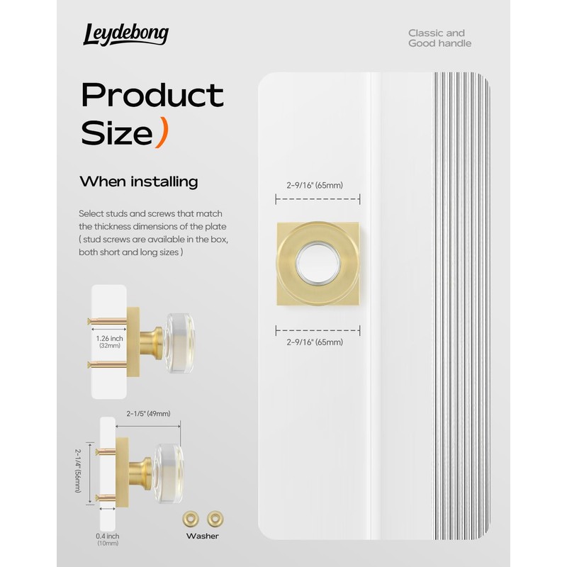Leydebong 2 Pack Crystal Glass Dummy Door Knobs, Gold Round
