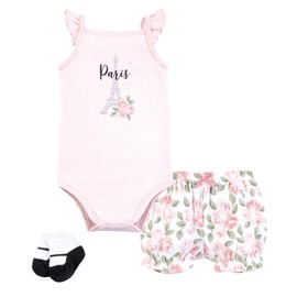 Hudson Baby Infant Girls Bodysuit, Short and Sock, Bonjour Paris, 0-3 Months