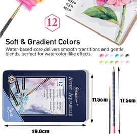 Watercolour Pencils - 12 PCS Colouring Pencils Watercolour, Water-Soluble Coloured Pencils for School, Beginners, Kids, and Adults | Water-Based, Soft Colours, Wooden Barrel with Tin & Fine Brush