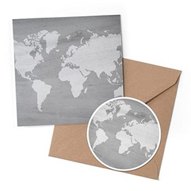 1 x Greeting Card & 10 cm Round Sticker Set - BW - Wooden Earth Map Global Travel - Birthday Thank You Friend Lover Fan Mum Dad Kids #36860