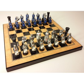 Medieval Times Crusades White & Blue Chess Set Hand Painted w/ Gloss Board