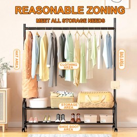 ANAMPION Garment Rack with Storage Shelves and Coat/Hat Hanging Hooks with Wheels Clothing Rack with Storage Shelves, 9 Hooks Rolling Garment Rack for Hanging Clothes,Coats,Skirts