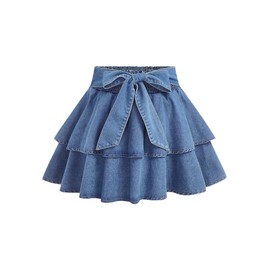 WDIRARA Women's Plus Size Bow Mini Denim Skirt Layered Ruffle Elastic Waist A Line Jean Skirts Light Wash Blue 3X-Large Plus