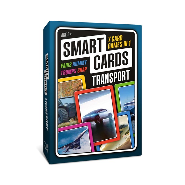 100 PICS Smart Cards Transport, 7 games in 1, Pairs, Snap, Trumps, Rummy, Memory Quiz, Learn Facts, Travel Game, Gift, Stocking Filler, Age 5+, 1-8 Players