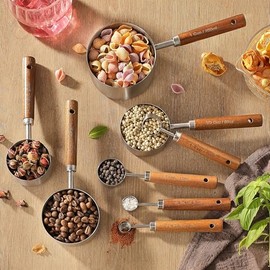 8 piezas de tazas medidoras, juego de tazas y cucharas medidoras de acero inoxidable de DAJLFA con mango ergonmico de madera para cocinar y hornear   