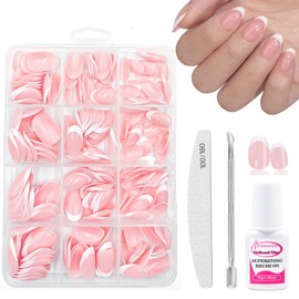 French Press On Nails - 240pcs French Tip False Nails Short - Oval Almond Nail FrenchManicure Kit - White Tip Pink False Nails - Full Cover Glue On Nails For Women Nail Art DIY