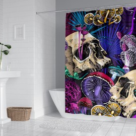 RinRinfam 4Pcs Skull Shower Curtain Set,Mushroom Shower Curtain Set Non-Slip Rug,Toilet Lid Cover,U Shape Mat,Waterproof Bathroom Decor Sets with 12 Hooks Purple