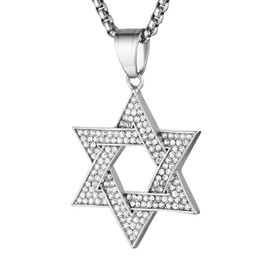 HZMAN Star of David Necklace for Men Women Stainless Steel Cubic Zirconia Hexagram Pendant Jewish Israel Jewellery Gift, Stainless Steel, Cubic Zirconia