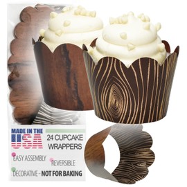 Cupcake Wrappers - Wedding, Bridal & Baby Shower, Birthday Party Supplies, Reversible Neutral Gender Dessert Wraps - Rustic Woodland Animal Forest, Hunting Camping (Wood Grain, 24 Count)