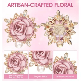 Flower Brooches for Women, Elegant Pink Brooch with Handmade Crystal Pearl & Flower Pins for Clothes, Dress, Lapel, Wedding, Parties (Pink, 14-Inch)