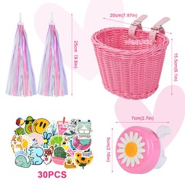 flintronic Children's Bicycle Basket, Braided Bicycle Basket for Girls and Children, Front, Removable Rattan Bicycle Basket with Leather Straps, Streamers Bicycle Bell Sticker (Pink)