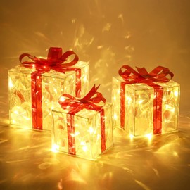 GlobaLink Set of 3 LED Gift Boxes, 60 LED Gift Box, Christmas, 8 Modes with Timer, PVC Waterproof Christmas Box with Plug for Christmas Decoration, Party, Birthday, Indoor and Outdoor, Warm White