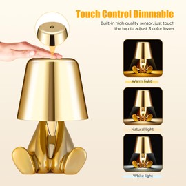 Blingbin Bedside Touch Control Table Lamp, Creative Golden Man Decorative Thinker Statue LED Desk Lamp, USB Charging 3 Level Brightness Dimmable Night Light for Bedroom Office Living Room Decor Gift