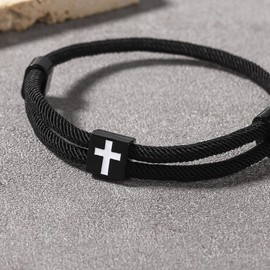 TENICER Cross Bracelet for Men Him Braided Rope String Adjustable Knot Bracelets Inspirational Religious Christian Baptism First Communion Easter Bible Verse Jewelry Black Confirmation