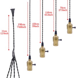 Swpeet Bronze 4 Vintage Light Sockets Pendant Hanging Light Cord with Switches, E26 / E27 Solid Industrial Triple Lamp Sockets Cord for Kitchens/Dining Rooms/Bars/Restaurants (Copper)