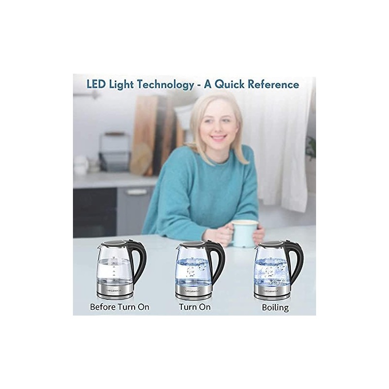 Megawise Electric Glass Kettle with Auto Shut-Off, 1.8L Capacity, 1000W