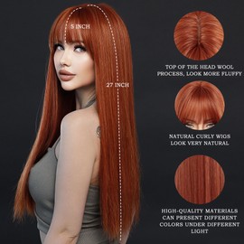 7JHH WIGS 26Inch Long Straight Wig with Bangs Ginger Wig Heat Resistant Synthetic Ginger Orange Wig Make Natural Looking Wigs for Women Party Cospaly Wig and Daily Used