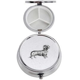 D12 Dachshund Dog Design English Pewter On A Mirrored 3 Section Container Caddy Pill Box