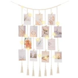 Poefditev Macrame Hanging Photo Display Boho Wall Decor with String Lights Wooden Beads Garland Picture Frame Collage Holder with 30 Clips for Room, Bedroom, Dorm, Christmas Teenage Teen Girl Gifts (Beige, Medium)