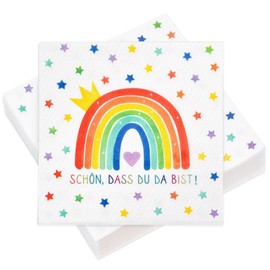 100 Napkins Rainbow Schön, dass du da bist Table Decoration, 3-Ply Napkins, 33 x 33 cm, Suitable for Birthdays, Christenings, Communions, Party Table Decoration