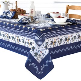 Home Bargains Plus Rectangle Fabric Tablecloth, 60 x 84 Inch, Blue Provence Rooster, Wrinkle, Water and Stain Resistant Country Provence Table Cloth, Farm