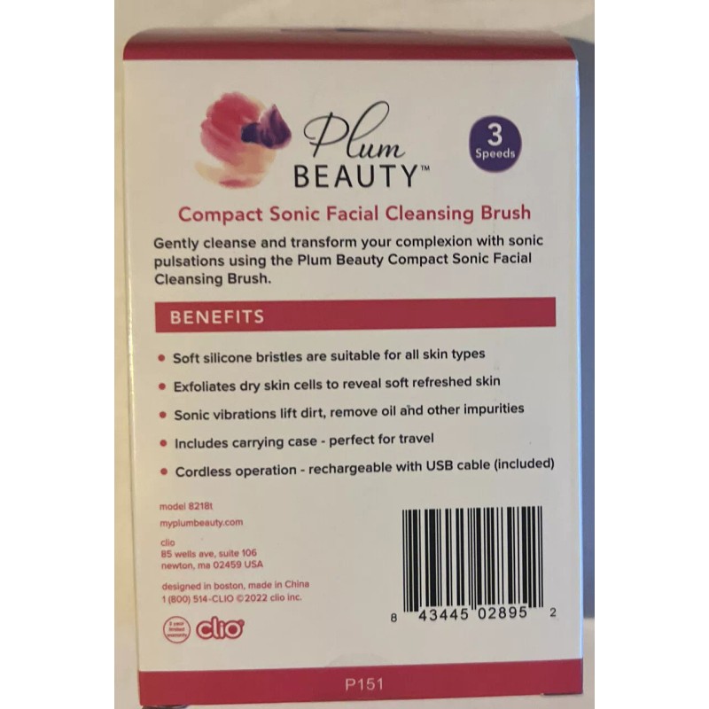 Plum Beauty Compact Sonic Facial Cleansing Brush 3 Speeds Cordless