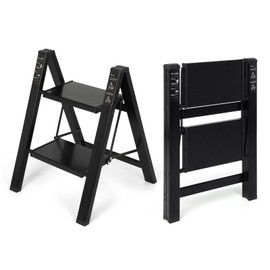 FAHKNS Black 2 Step Ladder, Aluminum Light Folding 2 Step Stool with Non-Slip Wide Pedal (7.9Inch), 330Lbs Capacity Stepping Stool for Office,Household,Kitchen