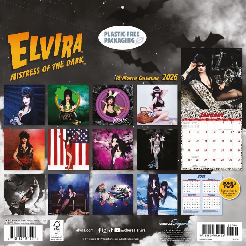 Carousel Calendars, Elvira 2026 Wall Calendar, 12'' X 12'', 16-Month