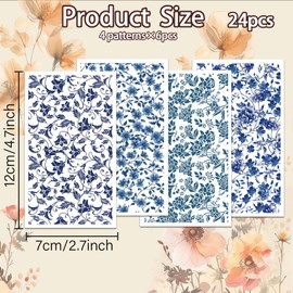 OLYCRAFT Damast Blumen Transferpapier 4 Design 24 Stück Transferpapier Für Vintage Blumen Polymer Ton Transferblätter Blaue Blumen Transferpapiere Kleine Keramik Aufkleber Für Ohrringe