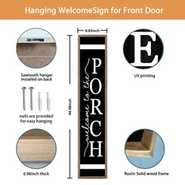 Welcome To The Porch Sign For Front Porch Standing 45"X9" Wood Frame Large Rustic Farmhouse Outdoor Tall Board Welcome Sign Modern Home Outside Front Door Vertical Wall Decor (Wood Black)