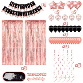 Rose Gold Black Birthday Decorations, Happy Birthday Banner, Confetti Balloons, Fringe Curtain, Heart Star Foil Balloons, Hanging Swirls for Women Girls Birthday Princess Party Decorations