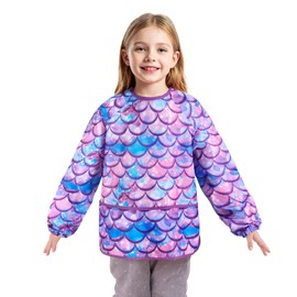 WERNNSAI Mermaid Art Smock for Kids- Kids Aprons for Girls Waterproof Toddler Art Smock Painting with Long Sleeve and 3 Pockets Little Girls Painting Eating Cooking Baking Gardening Water Play Apron