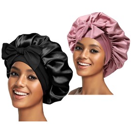 2PCS Silk Bonnet for Women, Satin Bonnet for Sleeping, Large Sleep Cap with Elastic Tie Band for Curly Hair (Bean Paste Pink+Black)