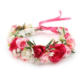 PoshMyra Flower Crown for Girls Children Floral Headpiece Pink Kids Headband Wedding Holo Hair Accessories Birthday Photo Prop (Fuchsia)