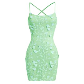 Homecoming Dress for Teens Girls Womens Lace Floral Applique Spaghetti Straps Sparkly Sequin Bodycon Dress Streetwear Festival Rave Dance Cocktail Party Dress Mini Short Prom Dresses Backless Green XS