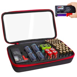 Battery Organizer Storage Case with Tester,Clear Batteries Storage Organizers Holds, Just The Right Size Slot with stable handle,Holds 57 Batteries Various Sizes（Batteries are Not Included）(Red)