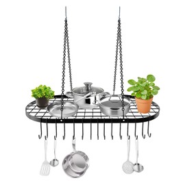 Vdomus Hanging Pot Rack Organizer - Heavy-duty Cast Iron Ceiling Storage - Mounted Kitchen Overhead Pots Holder - Multi-Purpose Kitchen Cookware, Utensils Hanger - 15 Hooks, 33 x 17 inches