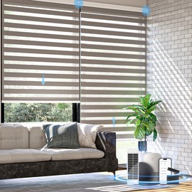 DONGFXK Motorized Zebra Blinds with Remote Control,Solar Powered Rechargeable Dual Layer Smart Blinds,Horizontal Wireless Electric Cordless Blinds,Custom Size，Grey，33" W X 72" H
