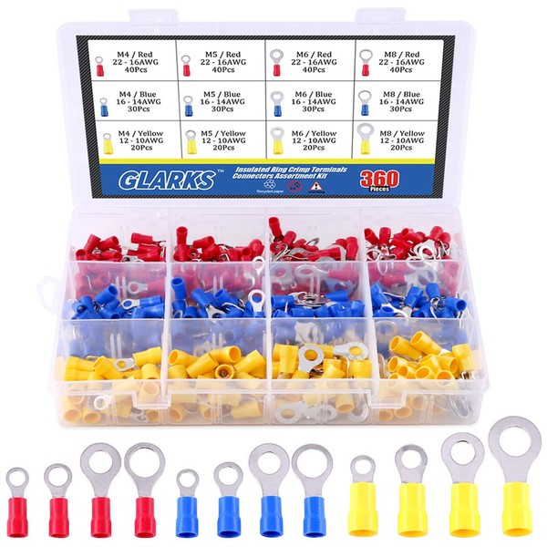 Glarks 360pcs 22-16/16-14/12-10 Gauge Mixed Quick Disconnect Electrical Insulated M4 / 5/6 / 8 Ring Crimp Terminals Connectors Assortment Kit