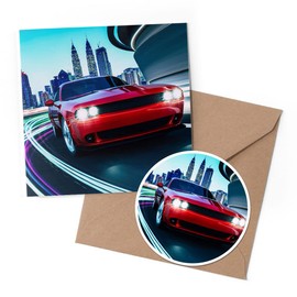 1 x Greeting Card & 10 cm Round Sticker Set - American Muscle Car Red City Lights - Birthday Thank You Friend Lover Fan Mum Dad Kids #44086