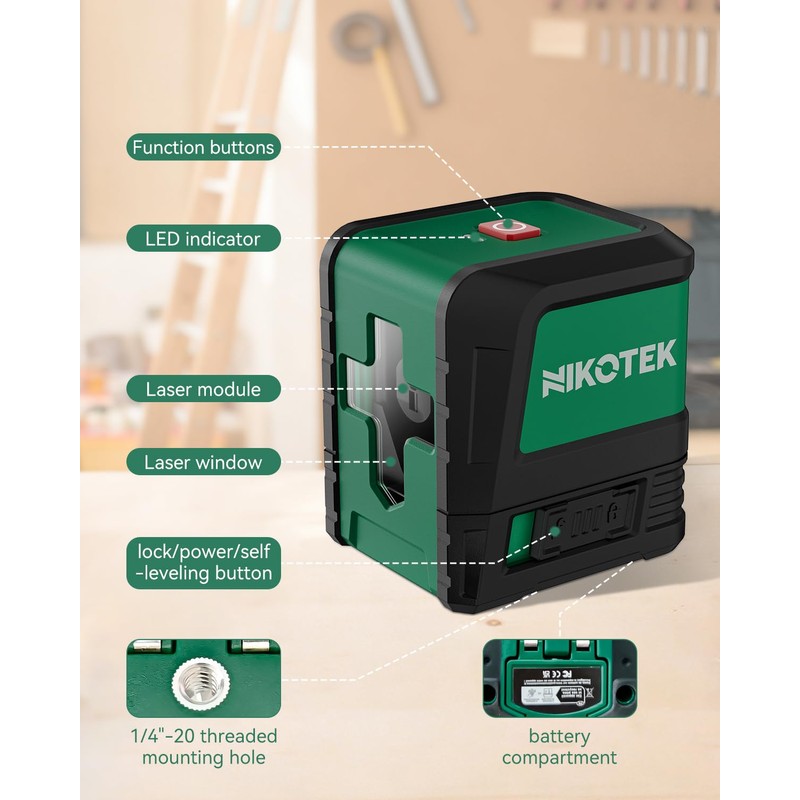 Nikotek Laser Level Self-Leveling Green Beam Horizontal and Vertical Crossline