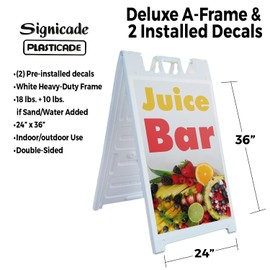 Juice Bar 24" x 36" Double Sided A-Frame Sidewalk Sign Includes 2 Installed Decals | Foldable Portable White Signicade Sandwich Board | Refreshing Beverages Healthy Choices Cafe Promotions Made in USA
