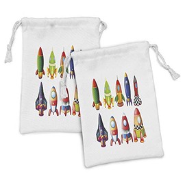 Lunarable Outer Space Fabric Pouch Set of 2, Colorful Space Crafts with Variety of Shapes and Sizes Rockets Space Culture, Small Drawstring Bag for Toiletries Masks and Favors, 9" x 6", Multicolor